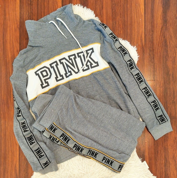 PINK Victoria's Secret Pants - PINK Sweatsuit Jogger Set Gray Yellow Stripe